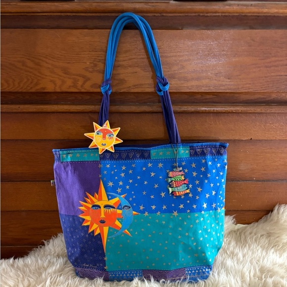Laurel Burch Blue and Purple Large Tote Bag with Celestial Design - Picture 1 of 6